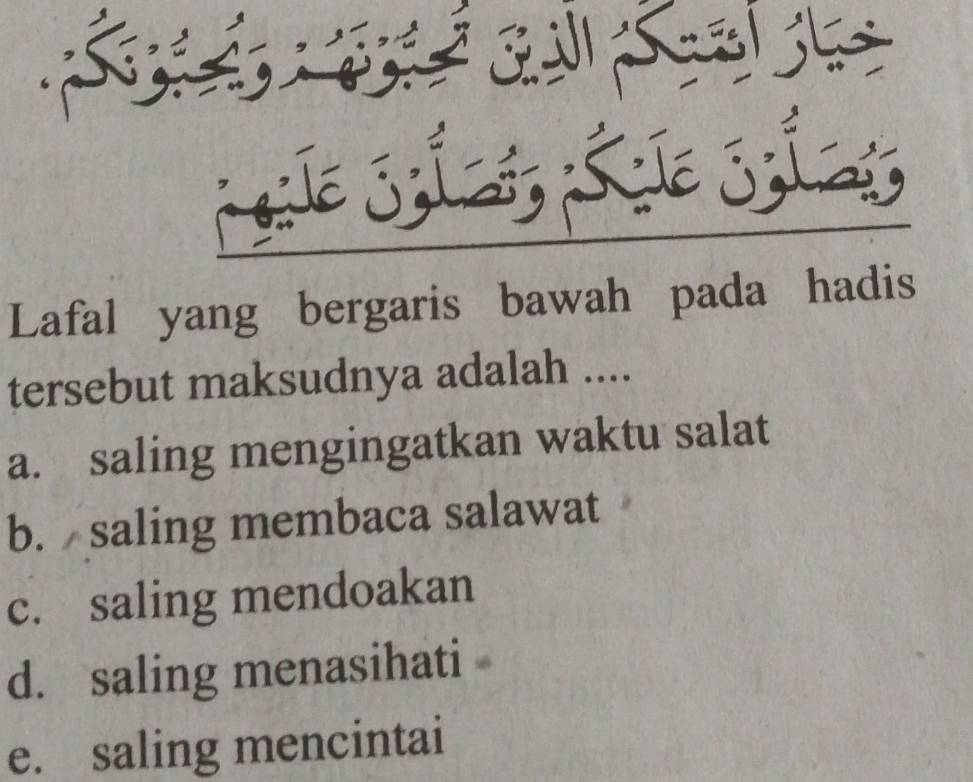 Lafal yang bergaris bawah pada hadis
tersebut maksudnya adalah ....
a. saling mengingatkan waktu salat
b. saling membaca salawat
c. saling mendoakan
d. saling menasihati
e. saling mencintai