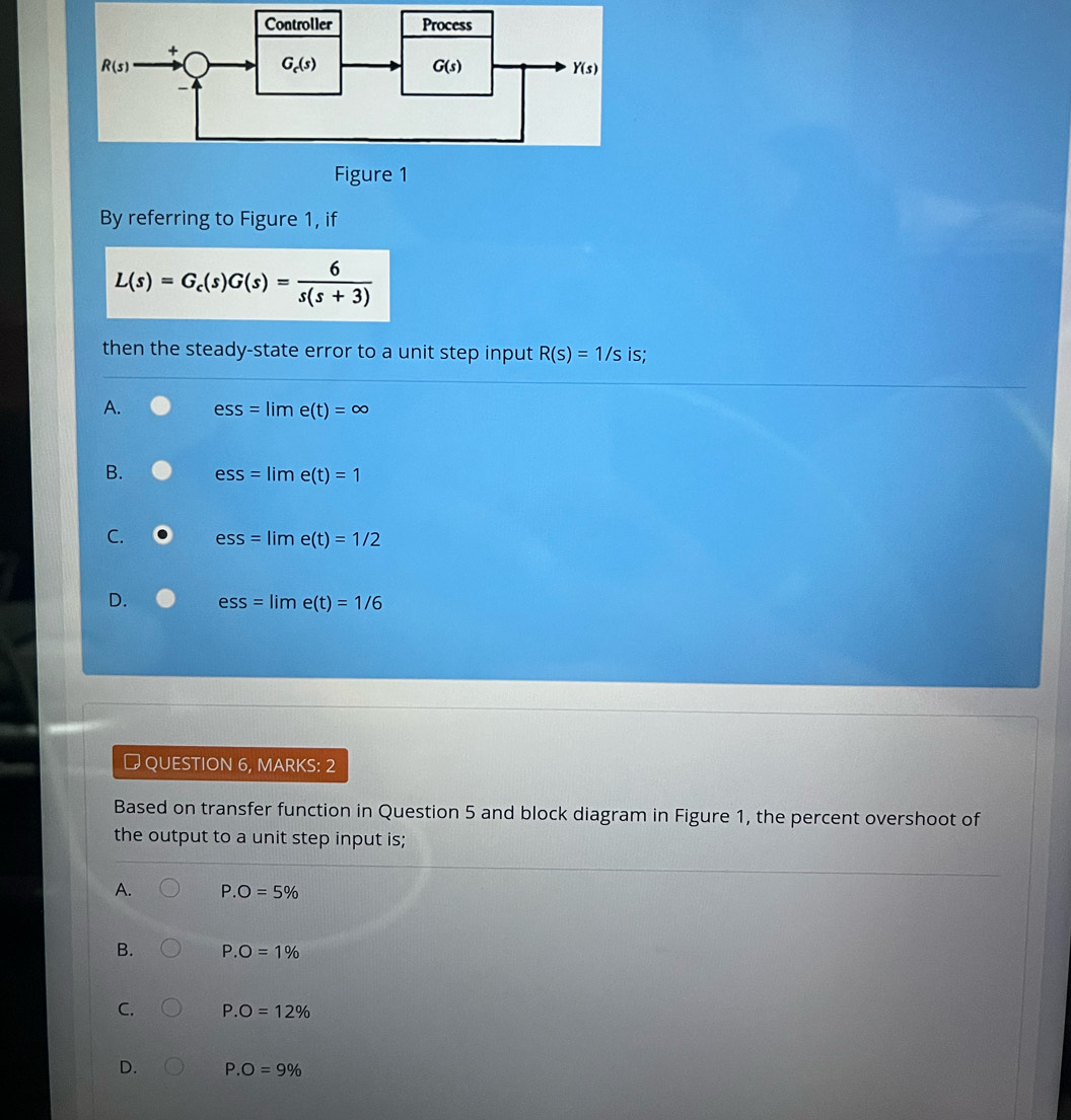 Figure 1
By referring to Figure 1, if
L(s)=G_c(s)G(s)= 6/s(s+3) 
then the steady-state error to a unit step input R(s)=1/s is;
A. ess=lime(t)=∈fty
B. ess=lime(t)=1
C. ess=lime(t)=1/2
D. ess=lime(t)=1/6
# QUESTION 6, MARKS: 2
Based on transfer function in Question 5 and block diagram in Figure 1, the percent overshoot of
the output to a unit step input is;
A. P.O=5%
B. P. O=1%
C. P.O=12%
D. P.O=9%