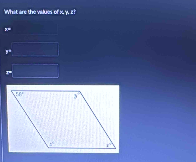 What are the values of x. y. z?
x=
y=
z=