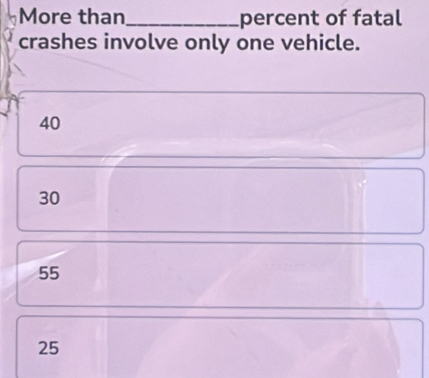 More than_ percent of fatal
crashes involve only one vehicle.
40
30
55
25