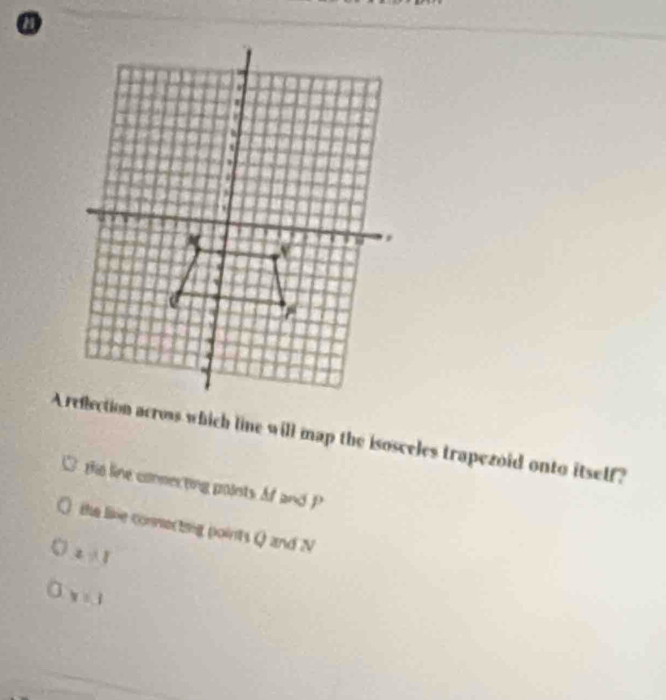 a
Areflection across which line will map the isosceles trapezoid onto itself?
Ho line connerting points Af and P
the like connectnig points Q and N
2:1
x=3