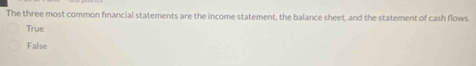 The three most common financial statements are the income statement, the balance sheet, and the statement of cash flows.
True
False