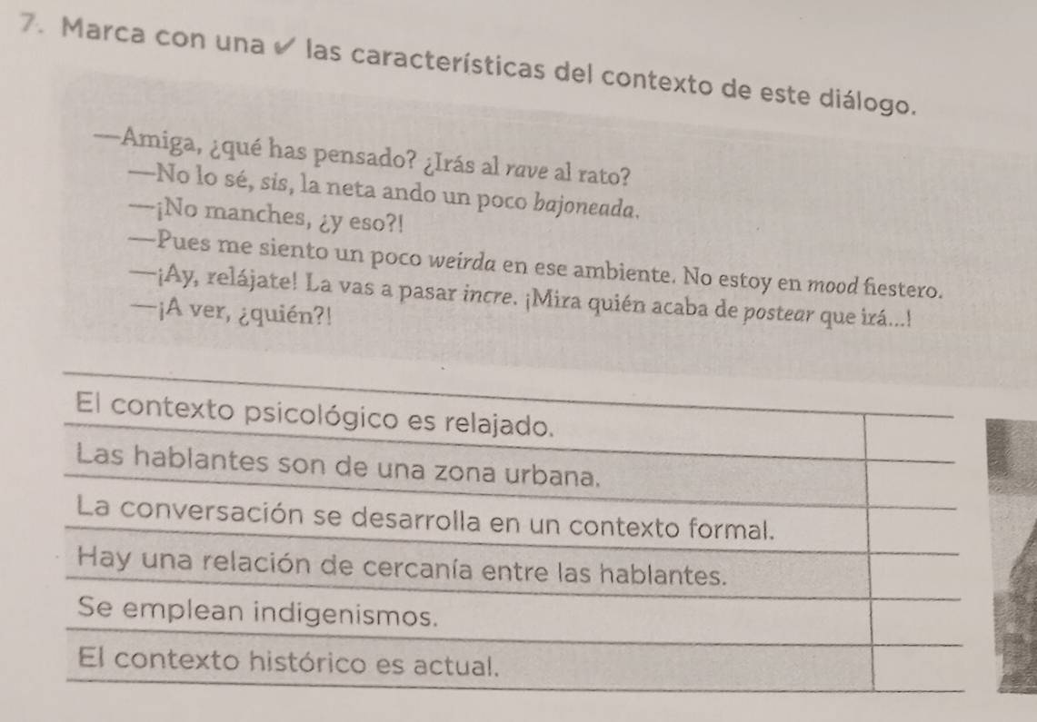 Marca con una ✔ las características del contexto de este diálogo. 
—-Amiga, ¿qué has pensado? ¿Irás al rave al rato? 
—No lo sé, sis, la neta ando un poco bajoneada. 
----¡No manches, ¿y eso?! 
—Pues me siento un poco weirda en ese ambiente. No estoy en mood fiestero. 
—¡Ay, relájate! La vas a pasar incre. ¡Mira quién acaba de postear que irá...! 
—¡A ver, ¿quién?!