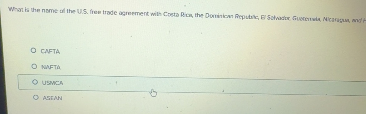 Solved: What is the name of the U.S. free trade agreement with Costa ...