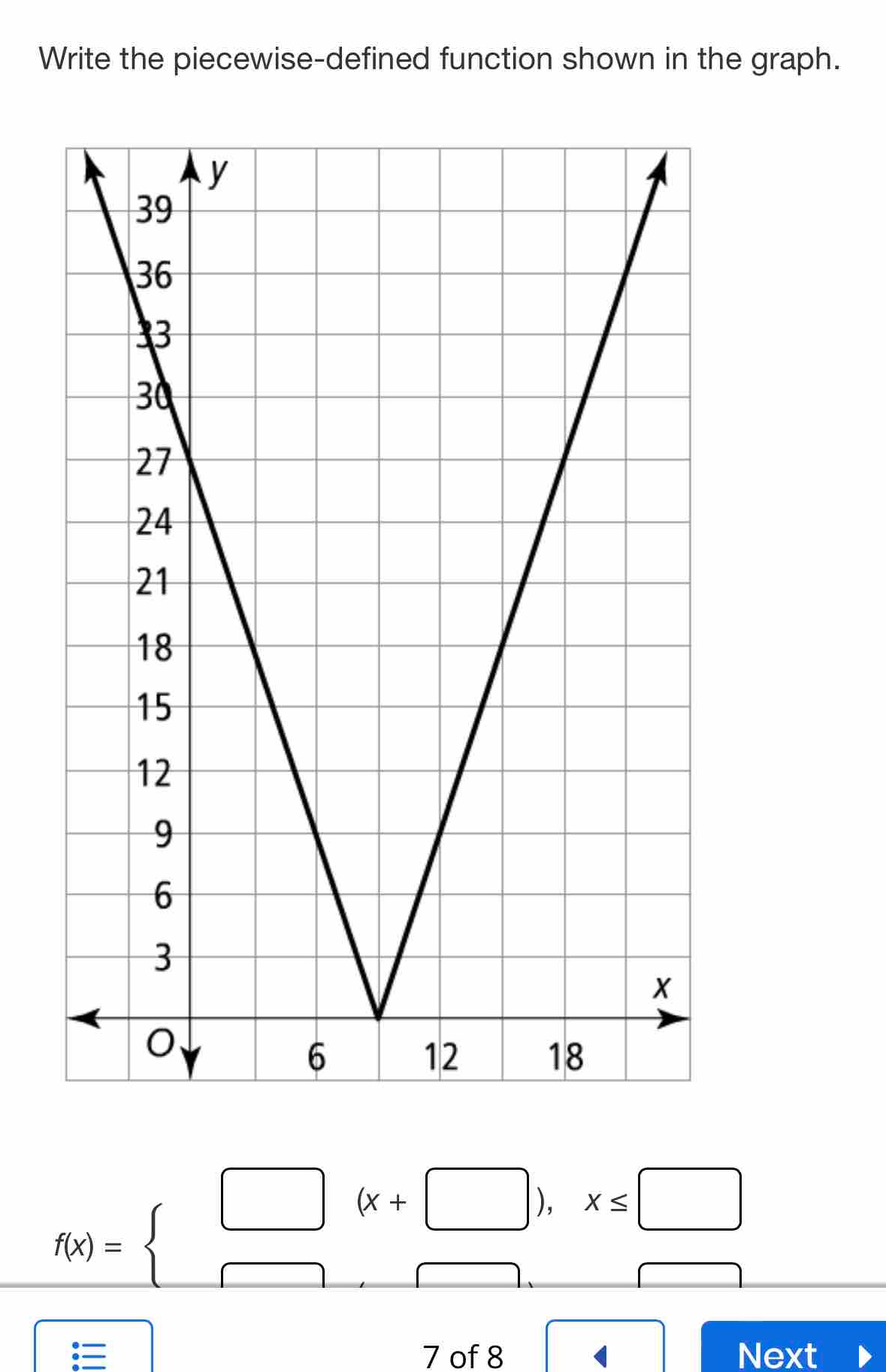 Write the piecewise-defined function shown in the graph.
f(x)=beginarrayl □ (x+□ ),x≤ □  □ ,□ .endarray.
7 of 8 ( Next