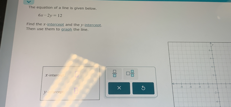 The equation of a line is given below.
6x-2y=12
Find the x-intercept and the y-intercept. 
Then use them to graph the line.
 □ /□   □  □ /□  
X -interc 
×
V -intercept
