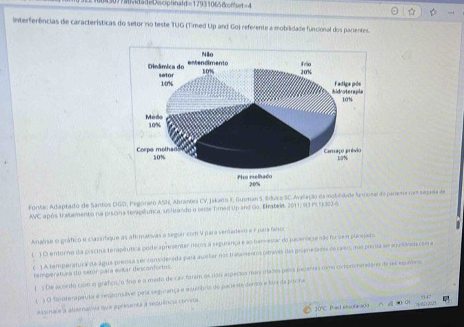 0)?ävidädeDisciplinald=17931065&offset=4 
interferências de características do setor no teste TUG (Timed Up and Go) referente a mobilidade funcional dos pacientes. 
Fonte: Adaptado de Santos DGD, Pegóraro ASN, Abrantes CV, Jakaitis F, Gusman S, Bifulco SC. Avaliação da mobilidade funcional do paciente com sequela de 
AVC após tratamento na piscina terapêutica, utilizando o teste Timed Up and Go. Einstein. 2011; 9(3 Pt 1):302-6. 
Analise o gráfico e classifique as afirmativas a seguir com V para verdadeiro e F para falso: 
 ) O entorno da piscina terapêutica pode apresentar riscos à segurança e ao bem-estar do paciente se não for bem planejado. 
) A temperatura da água precisa ser considerada para auiliar nos tratamentos (através das propriedades do calor), mas precisa ser equilibiada com a 
temperatura do setor para evitar desconfortos. 
) De acordo com o gráfico, o frio e o medo de cair foram os dois aspectos mais citados pelos pacientes como comprometedores de seo equieóno 
( ) O fisioterapeuta é responsável pela segurança e equilbrio do paciente dentro e fora da piscina 
Assinale a alternativa que apresenta a sequência correta.

10°C * Pred ensolarado 19/02/2025