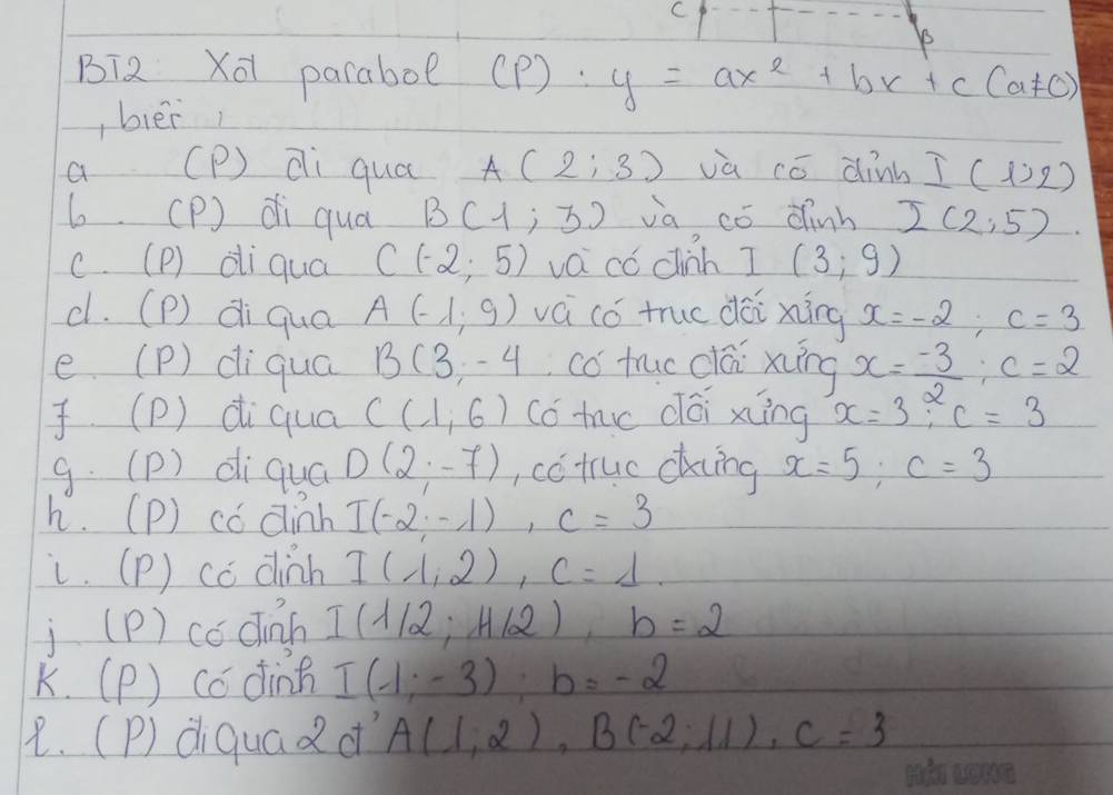 vs 
BT2 Xāi paraboe (p):y=ax^2+bx+c(a!= 0)
,blei 
a (P) ai quá A(2;3) va có dinb I(1,2)
6. (P) di qua B(1;3) va có dinb I(2,5)
c. (P) di qua C(-2,5) va có chih ? (3;9)
c. (P) di qua A(-1,9) vá có truc dài xiìng x=-2; c=3
e. (P) diqua B(3,-4 có truc clái xiíng x= (-3)/2  : c=2. (P) diqua C(1,6) co tac dlái xing x=3, c=3
9. (P) diquá D(2;-7) , có tuc cking x=5; c=3
h. (P) có dinh I(-2,-1), C=3
i. (P) có dinh I(1,2), C=1. 
j (P) codinh I(1/2;H/2), b=2
K. (P) codinh I(-1,-3) : b=-2
1. (P) diquad d A(1,2), B(-2,11), C=3