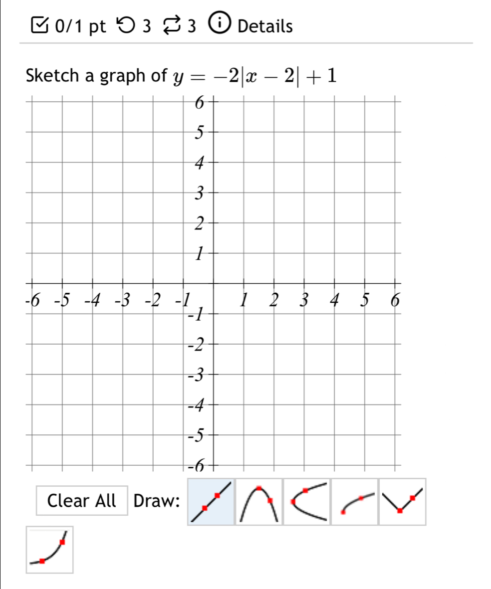 つ 3 3 Details 
Sketch a graph of y=-2|x-2|+1
Clear All Draw: