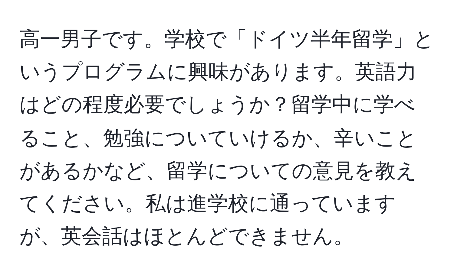 高一男子です。学校で「ドイツ半年留学」というプログラムに興味があります。英語力はどの程度必要でしょうか？留学中に学べること、勉強についていけるか、辛いことがあるかなど、留学についての意見を教えてください。私は進学校に通っていますが、英会話はほとんどできません。