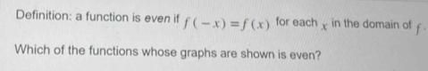 Definition: a function is even if f(-x)=f(x) for eachx in the domain of £. 
Which of the functions whose graphs are shown is even?