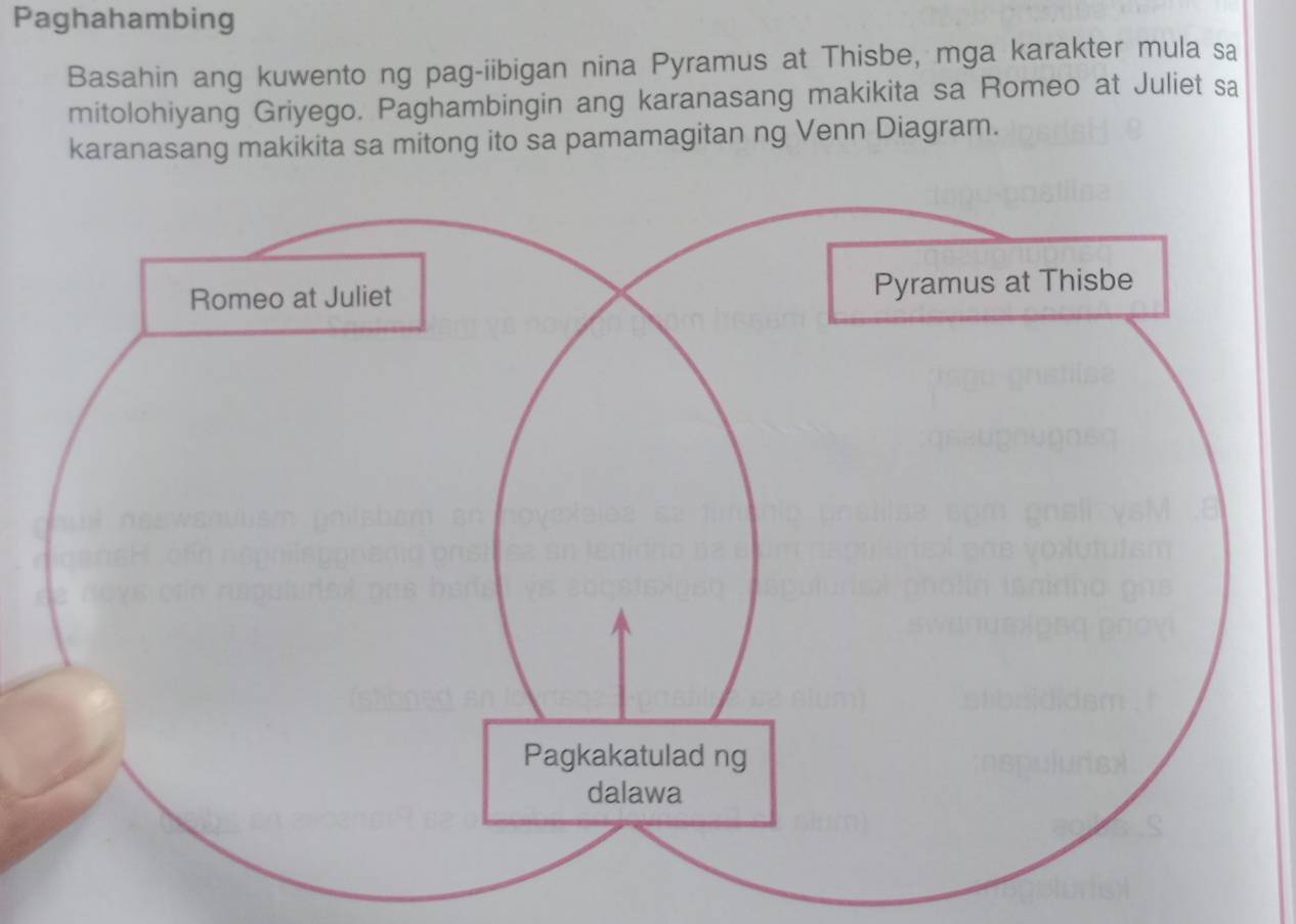 Paghahambing 
Basahin ang kuwento ng pag-iibigan nina Pyramus at Thisbe, mga karakter mula sa 
mitolohiyang Griyego. Paghambingin ang karanasang makikita sa Romeo at Juliet sa 
karanasang makikita sa mitong ito sa pamamagitan ng Venn Diagram.