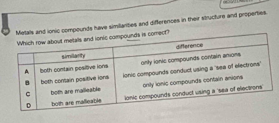 0620/21
30 Metals and ionic compounds have similarities and differences in their structure and properties. 
rect?