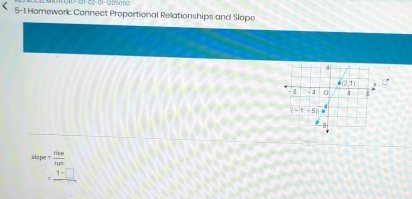 0 4 - 2-02-01- 12 0 501
5-1 Homework Connect Proportional Relationships and Slope
slitepe= fise/tum 
= (1-□ )/□  