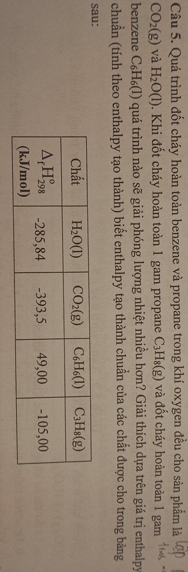 Quá trình đốt cháy hoàn toàn benzene và propane trong khí oxygen đều cho sản phẩm là
CO_2(g) và H_2O(l) Khi đốt cháy hoàn toàn 1 gam propane C_3H_8(g) và đốt cháy hoàn toàn 1 gam
benzene C_6H_6(1) quá trình nào sẽ giải phóng lượng nhiệt nhiều hơn? Giải thích dựa trên giá trị enthalpy
chuẩn (tính theo enthalpy tạo thành) biết enthalpy tạo thành chuẩn của các chất được cho trong bảng
sau: