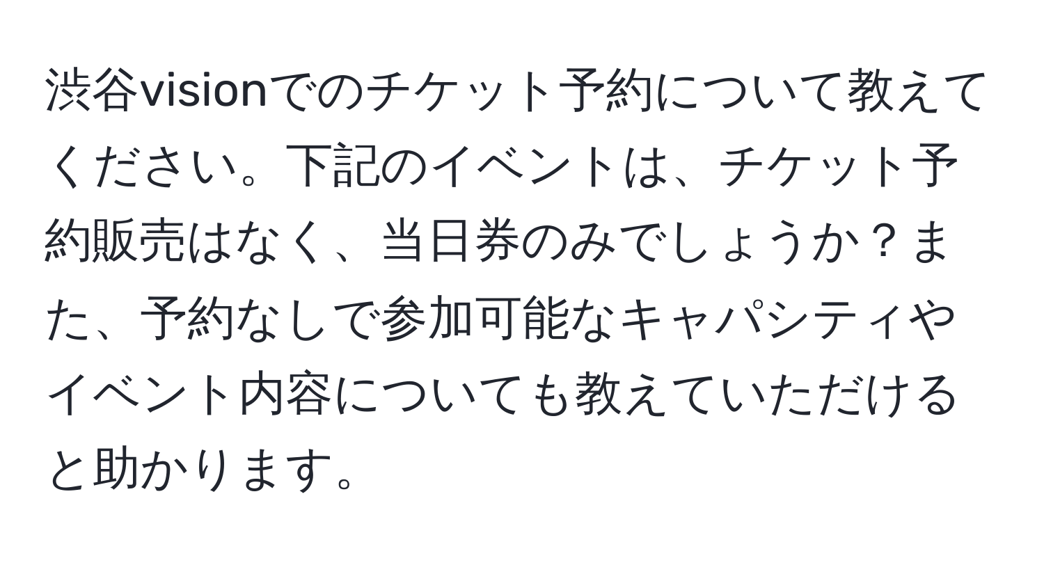 渋谷visionでのチケット予約について教えてください。下記のイベントは、チケット予約販売はなく、当日券のみでしょうか？また、予約なしで参加可能なキャパシティやイベント内容についても教えていただけると助かります。