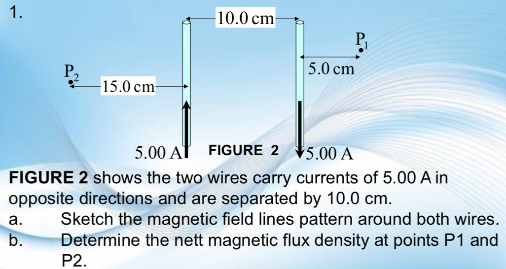 10.0 cm
P_1
P_2 5.0 cm
15.0 cm
5.00 A FIGURE 2 5.00 A 
FIGURE 2 shows the two wires carry currents of 5.00 A in 
opposite directions and are separated by 10.0 cm. 
a. Sketch the magnetic field lines pattern around both wires. 
b. I Determine the nett magnetic flux density at points P1 and
P2.