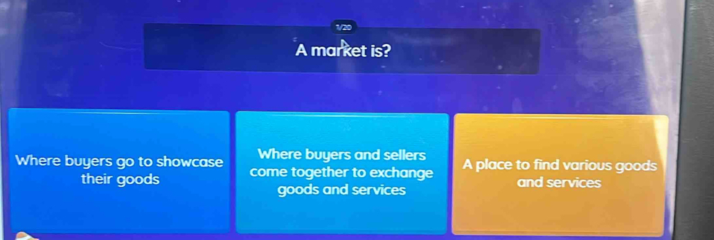 A market is?
Where buyers and sellers
Where buyers go to showcase come together to exchange A place to find various goods
their goods and services
goods and services