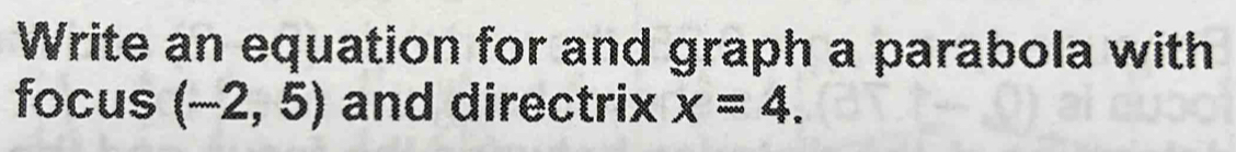 Write an equation for and graph a parabola with 
focus (-2,5) and directrix x=4.