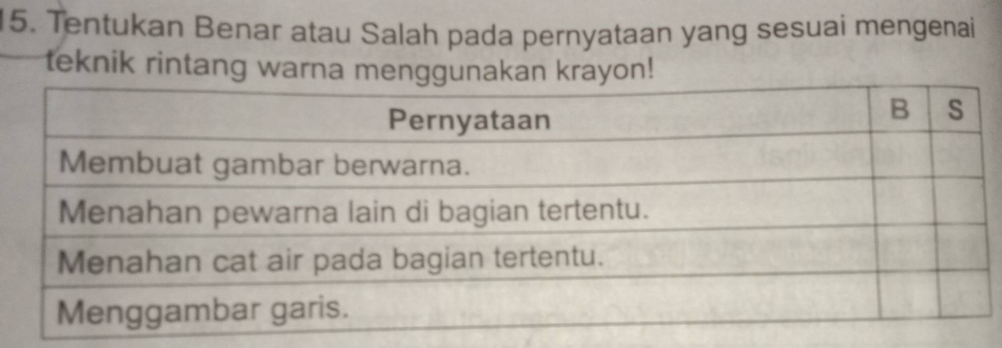 Tentukan Benar atau Salah pada pernyataan yang sesuai mengenai 
teknik rintang warna menggunakan krayon!