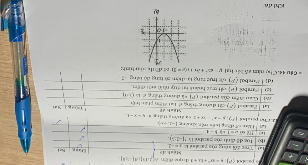 parabol (P):y=ax^2+bx+3 đi qua điểm A(2;15);B(-1;0).
=
d:y=x-1.
# C y=ax^2+bx+c(a!= 0) có đồ thị như hình:
b)
Khi đó: