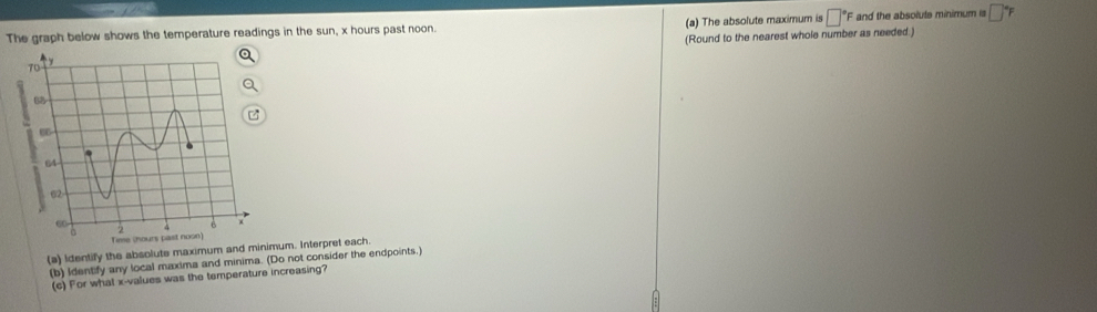 The graph below shows the temperature readings in the sun, x hours past noon. (a) The absolute maximum is □°F and the absolute minimum is □° F
(Round to the nearest whole number as needed.) 
(a) Identify the absolute maximum and minimum. Interpret each. 
(b) Identify any local maxima and minima. (Do not consider the endpoints.) 
(c) For what x -values was the temperature increasing?