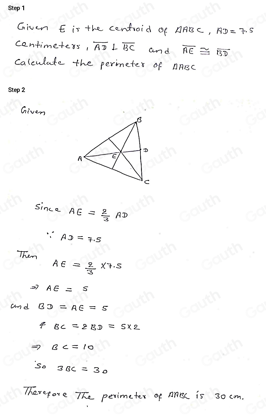 Solved: In the diagram, E is the centroid of ABC,AD=7.5 centimeters ...