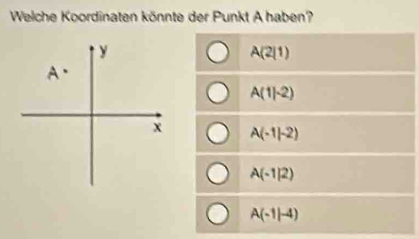 Welche Koordinaten könnte der Punkt A haben?
A(2|1)
A(1|-2)
A(-1|-2)
A(-1|2)
A(-1|-4)