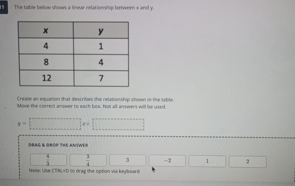 The table below shows a linear relationship between x and y. 
Create an equation that describes the relationship shown in the table. 
Move the correct answer to each box. Not all answers will be used.
y=□
DRAG & DROP THE ANSWER
 4/3 
 3/4  || 3 □ □ -2 □ | 1 2 frac □  
Note: Use CTRL+D to drag the option via keyboard