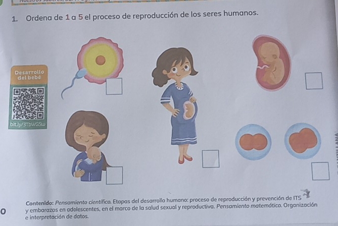 Ordena de 1 a 5 el proceso de reproducción de los seres humanos. 
Contenido: Pensamiento científico. Etapas del desarrollo humano: proceso de reproducción y prevención de ITS 
0 y embarazos en adolescentes, en el marco de la salud sexual y reproductiva. Pensamiento matemático. Organización 
e interpretación de datos.