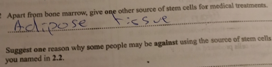 Apart from bone marrow, give one other source of stem cells for medical treatments. 
_ 
Suggest one reason why some people may be against using the source of stem cells 
_ 
you named in 2.2.