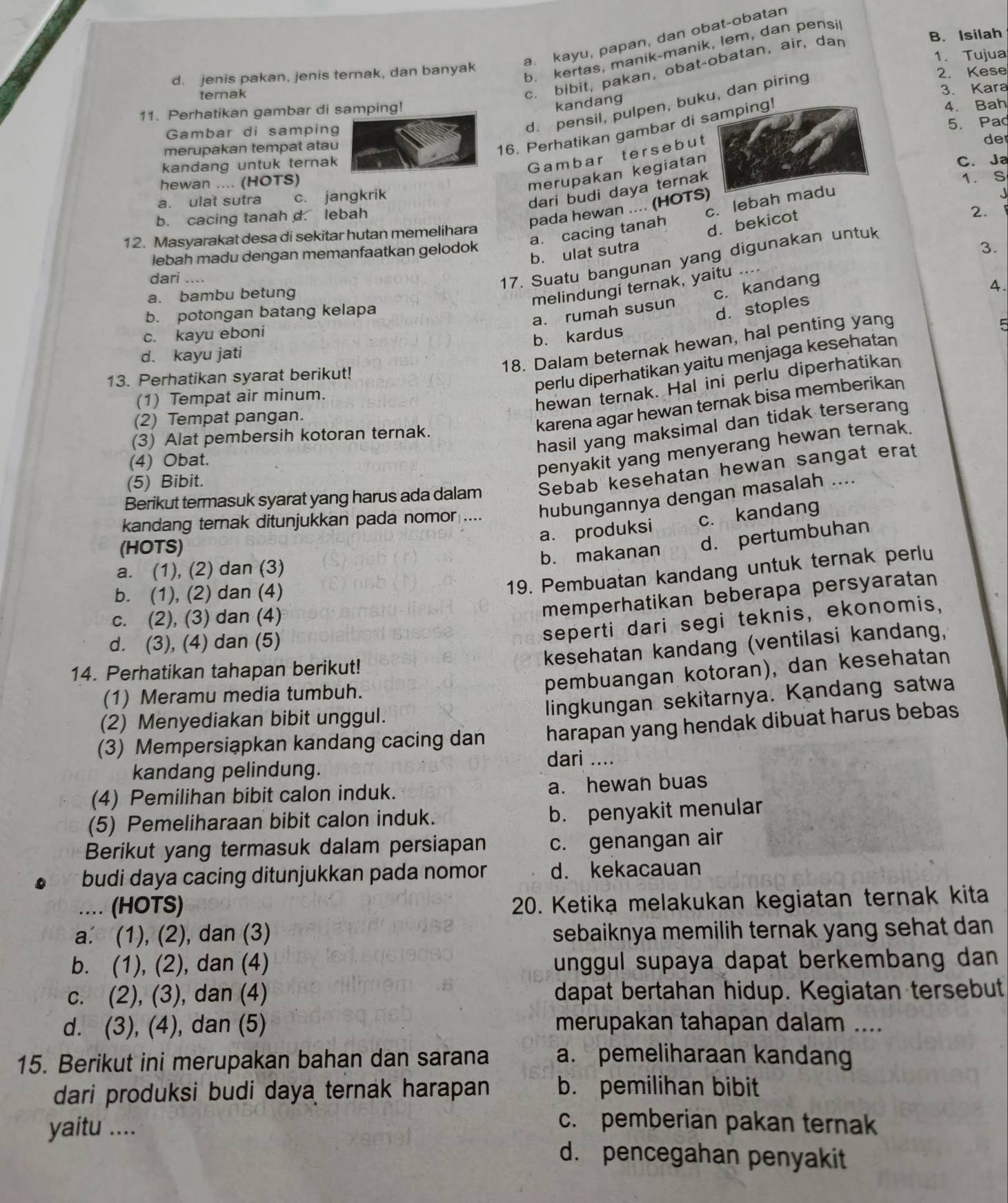 a. kayu, papan, dan obat-obatan
b. kertas, manik-manik, lem, dan pensi
c. bibit, pakan, obat-obatan, air, dan
B. Isilah
d. jenis pakan, jenis ternak, dan banyak 1. Tujua
ternak 2. Kese
3. Kara
kandang
d. pensil, pulpen, buku, dan piring
11. Perhatikan gambar di samping!
Gambar di samping 4. Bah
5. Paq
16. Perhatikan gambar di samping!
Gambar tersebut
der
merupakan tempat atau
kandang untuk ternak
merupakan kegiatan
hewan .... (HOTS) C. Ja
dari budi daya ternak
1.S
a. ulat sutra c. jangkrik
pada hewan .... (HOTS)
a. cacing tanah c. lebah madu
J
b. cacing tanah d. lebah
d. bekicot
2.
12. Masyarakat desa di sekitar hutan memelihara
b. ulat sutra
lebah madu dengan memanfaatkan gelodok
3.
dari ....
17. Suatu bangunan yang digunakan untuk
a. bambu betung
4.
melindungi ternak, yaitu ....
a. rumah susun c. kandang
b. potongan batang kelapa
d. stoples
5
c. kayu eboni
b. kardus
18. Dalam beternak hewan, hal penting yang
d. kayu jati
perlu diperhatikan yaitu menjaga kesehatan
13. Perhatikan syarat berikut!
(1) Tempat air minum.
hewan ternak. Hal ini perlu diperhatikan
(2) Tempat pangan.
karena agar hewan ternak bisa memberikan
hasil yang maksimal dan tidak terserang
(3) Alat pembersih kotoran ternak.
(4) Obat.
penyakit yang menyerang hewan ternak.
Berikut termasuk syarat yang harus ada dalam Sebab kesehatan hewan sangat erat
(5) Bibit.
kandang ternak ditunjukkan pada nomor .... hubungannya dengan masalah ....
a. produksi c. kandang
(HOTS)
b. makanan d. pertumbuhan
a. (1), (2) dan (3)
b. (1), (2) dan (4)
19. Pembuatan kandang untuk ternak perlu
c. (2), (3) dan (4)
memperhatikan beberapa persyaratan
d. (3), (4) dan (5)
seperti dari segi teknis, ekonomis,
kesehatan kandang (ventilasi kandang,
pembuangan kotoran), dan kesehatan
14. Perhatikan tahapan berikut!
(1) Meramu media tumbuh.
lingkungan sekitarnya. Kandang satwa
(2) Menyediakan bibit unggul.
(3) Mempersiapkan kandang cacing dan harapan yang hendak dibuat harus bebas
dari ....
kandang pelindung.
(4) Pemilihan bibit calon induk. a. hewan buas
(5) Pemeliharaan bibit calon induk. b. penyakit menular
Berikut yang termasuk dalam persiapan c. genangan air
budi daya cacing ditunjukkan pada nomor d. kekacauan
_(HOTS)
20. Ketika melakukan kegiatan ternak kita
a. (1), (2), dan (3) sebaiknya memilih ternak yang sehat dan 
b. (1), (2), dan (4) unggul supaya dapat berkembang dan  
c. (2), (3), dan (4) dapat bertahan hidup. Kegiatan tersebut
d. (3), (4), dan (5) merupakan tahapan dalam ....
15. Berikut ini merupakan bahan dan sarana a. pemeliharaan kandang
dari produksi budi daya ternak harapan b. pemilihan bibit
yaitu ....
c. pemberian pakan ternak
d. pencegahan penyakit