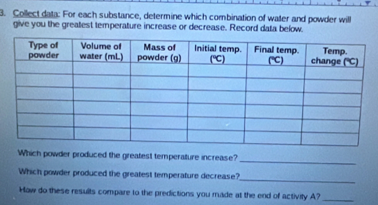 Collect data: For each substance, determine which combination of water and powder will
give you the greatest temperature increase or decrease. Record data below.
Which powder produced the greatest temperature increase?
_
_
Which powder produced the greatest temperature decrease?
How do these resuits compare to the predictions you made at the end of activity A?_