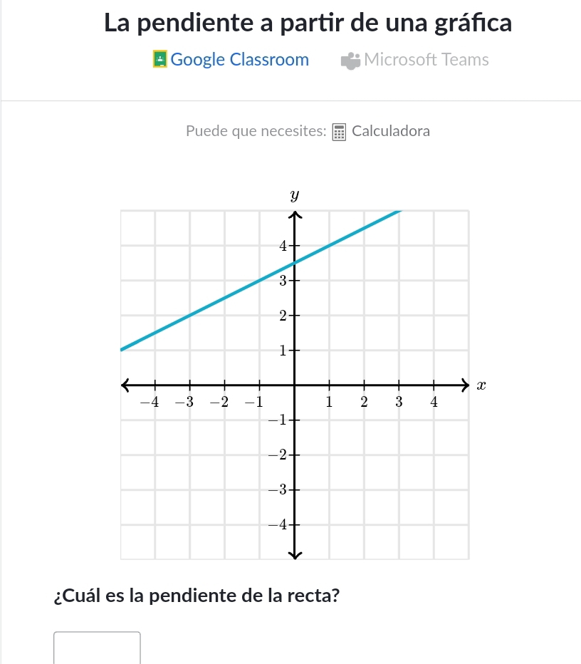 La pendiente a partir de una gráfica 
Google Classroom Microsoft Teams 
Puede que necesites: Calculadora 
¿Cuál es la pendiente de la recta?