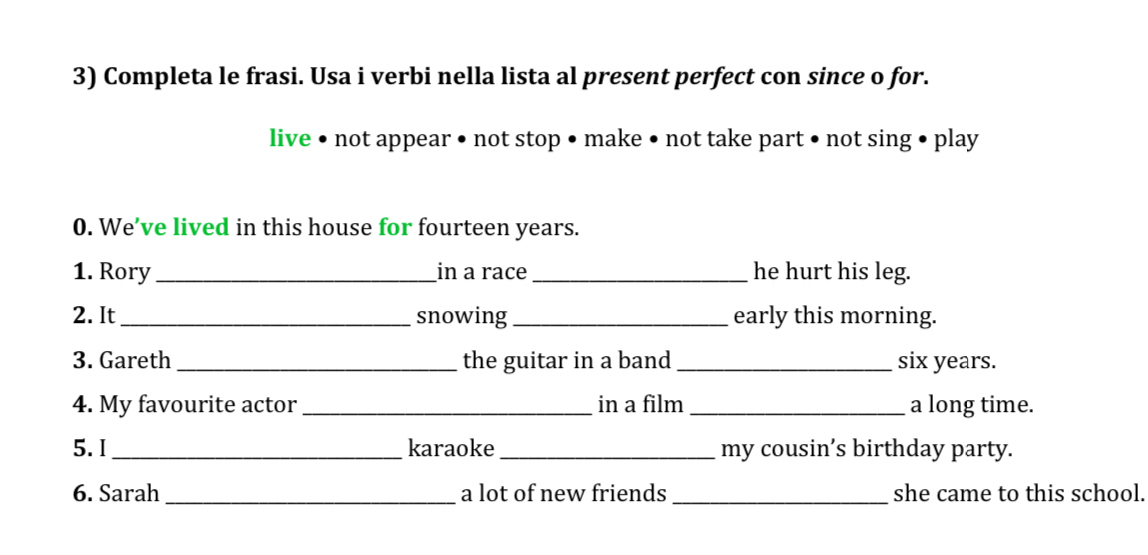 Completa le frasi. Usa i verbi nella lista al present perfect con since o for. 
live • not appear • not stop • make • not take part • not sing • play 
0. We’ve lived in this house for fourteen years. 
1. Rory_ in a race_ he hurt his leg. 
2. It_ snowing _early this morning. 
3. Gareth _the guitar in a band _six years. 
4. My favourite actor _in a film _a long time. 
5. I _karaoke _my cousin’s birthday party. 
6. Sarah _a lot of new friends _she came to this school.