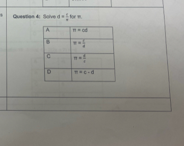 Solve d= e/π   for π.