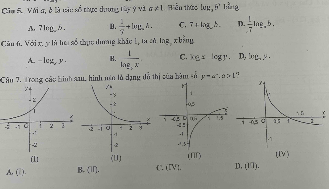 Với a, b là các số thực dương tùy ý và a!= 1. Biểu thức log _ab^7 bằng
A. 7log _ab.
B.  1/7 +log _ab. C. 7+log _ab. D.  1/.7 log _ab. 
Câu 6. Với x. y là hai số thực dương khác 1, ta có log _yxb ằng
A. -log _xy.
B. frac 1log _yx.
C. log x-log y. D. log _xy. 
Câu 7. Trong các hình sau, hình nào là dạng đồ thị của hàm số y=a^x, a>1 ?

(I) (II) (III)
(IV)
A. (I). B. (II).
C. (IV). D. (III).