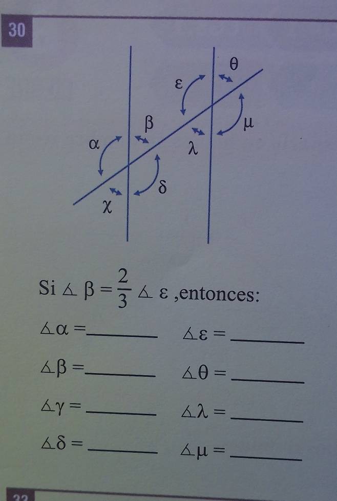 Si △ beta = 2/3 △ varepsilon ,entonces:
_ ∠ alpha =
△ varepsilon = _
_ ∠ beta =
∠ θ = _
_
_ △ gamma =
∠ lambda =
∠ delta =
__ ∠ mu =
22