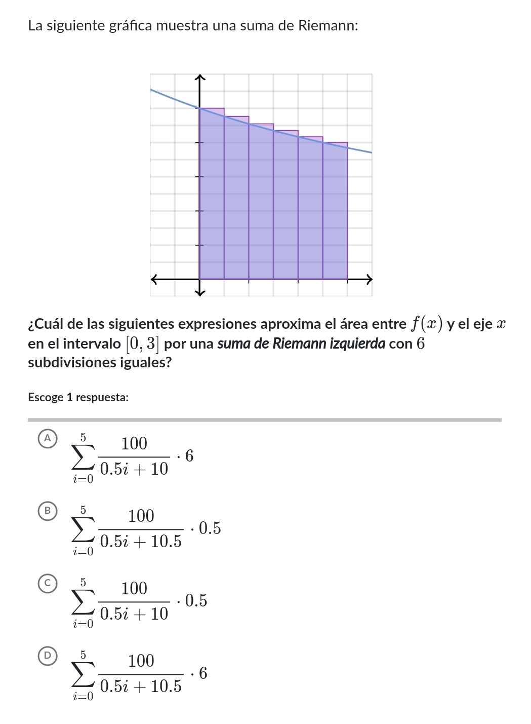 La siguiente gráfica muestra una suma de Riemann:
¿Cuál de las siguientes expresiones aproxima el área entre f(x) y el eje x
en el intervalo [0,3] por una suma de Riemann izquierda con 6
subdivisiones iguales?
Escoge 1 respuesta:
A sumlimits _(i=0)^5 100/0.5i+10 · 6
B sumlimits _(i=0)^5 100/0.5i+10.5 · 0.5
c sumlimits _(i=0)^5 100/0.5i+10 · 0.5
D sumlimits _(i=0)^5 100/0.5i+10.5 · 6