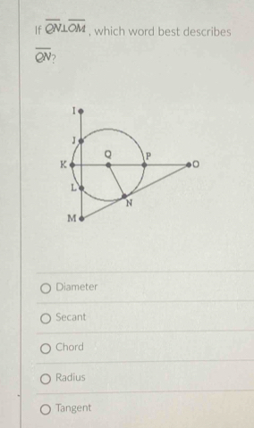 If overline QN⊥ overline OM , which word best describes
overline QN
Diameter
Secant
Chord
Radius
Tangent