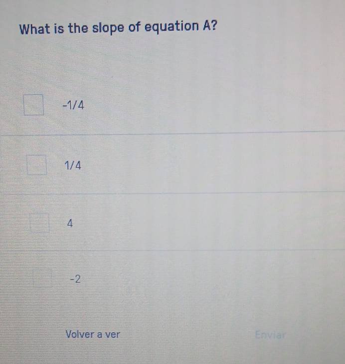 What is the slope of equation A?
-1/4
1/4
4
-2
Volver a ver Enviar