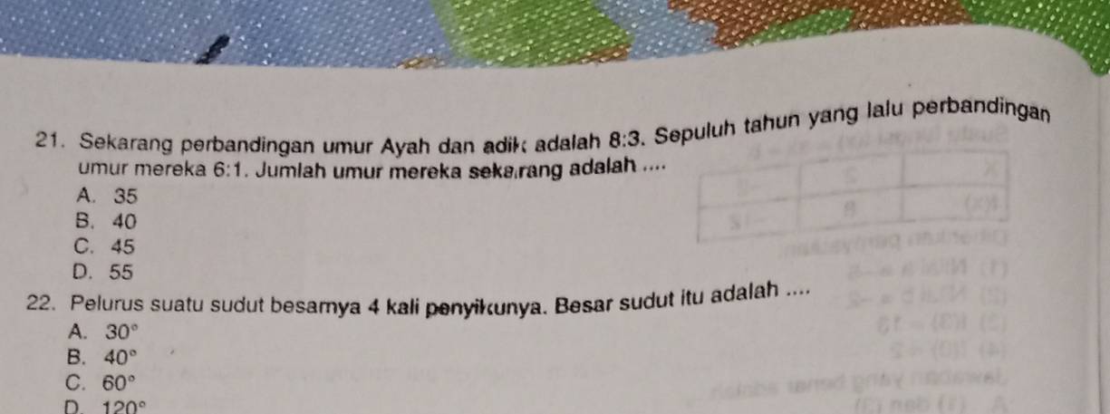 Sekarang perbandingan umur Ayah dan adik adalah 8:3. Sepuluh tahun yang lalu perbandingan
umur mereka 6:1. Jumlah umur mereka seka rang adalah ...
A. 35
B. 40
C. 45
D. 55
22. Pelurus suatu sudut besamya 4 kali penyikunya. Besar sudut itu adalah ....
A. 30°
B. 40°
C. 60°
D 120°