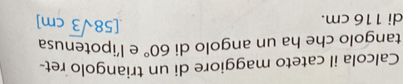 Calcola il cateto maggiore di un triangolo ret- 
tangolo che ha un angolo di 60° e l’ipotenusa 
di 116 cm. [58sqrt(3)cm]