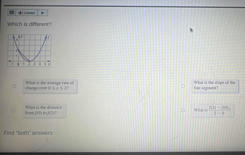 Listen 
Which is different? 
What is the average rate of What is the slope of the 
change over 0≤ x≤ 2 ? line segment? 
What is the distance 
from f(0) tc f(2) What is  (f(2)-f(0))/2-0 ? 
Find “both” answers.