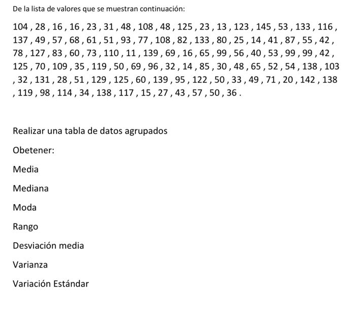 De la lista de valores que se muestran continuación:
104 , 28 , 16 , 16 , 23 , 31 , 48 , 108 , 48 , 125 , 23 , 13 , 123 , 145 , 53 , 133 , 116 ,
137 , 49 , 57 , 68 , 61 , 51 , 93 , 77 , 108 , 82 , 133 , 80 , 25 , 14 , 41 , 87 , 55 , 42 ,
78 , 127 , 83 , 60 , 73 , 110 , 11 , 139 , 69 , 16 , 65 , 99 , 56 , 40 , 53 , 99 , 99 , 42 ,
125 , 70 , 109 , 35 , 119 , 50 , 69 , 96 , 32 , 14 , 85 , 30 , 48 , 65 , 52 , 54 , 138 , 103
, 32 , 131 , 28 , 51 , 129 , 125 , 60 , 139 , 95 , 122 , 50 , 33 , 49 , 71 , 20 , 142 , 138
, 119 , 98 , 114 , 34 , 138 , 117 , 15 , 27 , 43 , 57 , 50 , 36. 
Realizar una tabla de datos agrupados 
Obetener: 
Media 
Mediana 
Moda 
Rango 
Desviación media 
Varianza 
Variación Estándar