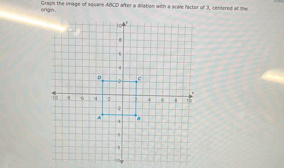 vide 
Graph the image of square ABCD after a dilation with a scale factor of 3, centered at the 
origin.
-10