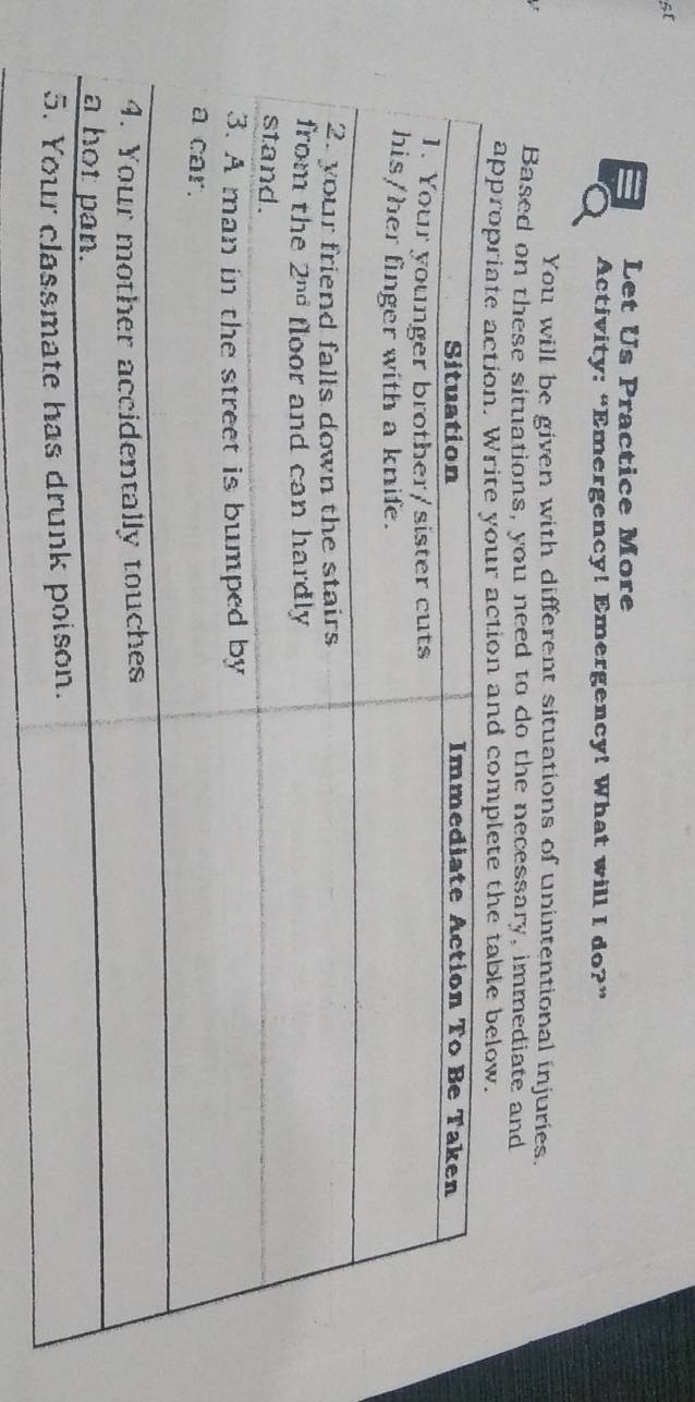 at
Let Us Practice More
Activity: “Emergency! Emergency! What will I do?”
You will be given with different situations of unintentional injuries.
Based on these situations, you need to do the necessary, immediate and
ap