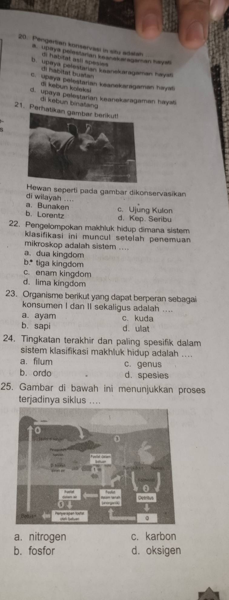 Pengertian konservasi in situ adalah
a. upaya pelestarian keanekaragaman hayati
di habitat asli spesies
b. upaya pelestarian keanekaragaman hayati
di habitat buatan
c. upaya pelestarian keanekaragaman hayati
di kebun koleksi
d. upaya pelestarian keanekaragaman hayati
di kebun binatang
21. Perhatikan gambar berikut!
Hewan seperti pada gambar dikonservasikan
di wilayah ....
a. Bunaken c. Ujung Kulon
b. Lorentz d. Kep. Seribu
22. Pengelompokan makhluk hidup dimana sistem
klasifikasi ini muncul setelah penemuan 
mikroskop adalah sistem ....
a. dua kingdom
b.* tiga kingdom
c. enam kingdom
d. lima kingdom
23. Organisme berikut yang dapat berperan sebagai
konsumen I dan II sekaligus adalah ....
a. ayam c. kuda
b. sapi d. ulat
24. Tingkatan terakhir dan paling spesifik dalam
sistem klasifikasi makhluk hidup adalah ....
a. filum
c. genus
b. ordo d. spesies
25. Gambar di bawah ini menunjukkan proses
terjadinya siklus ....
a. nitrogen c. karbon
b. fosfor d. oksigen