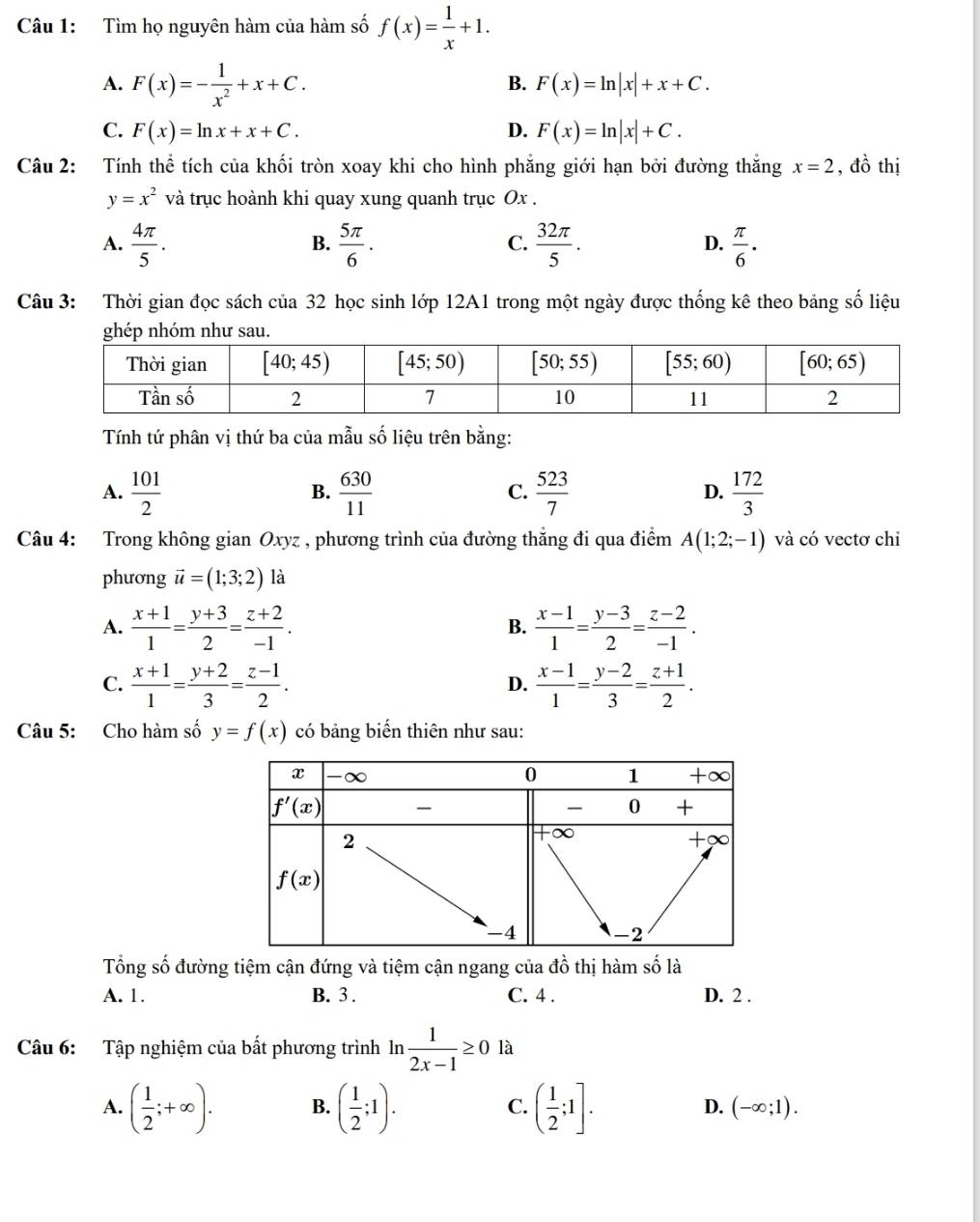 Tìm họ nguyên hàm của hàm số f(x)= 1/x +1.
A. F(x)=- 1/x^2 +x+C.
B. F(x)=ln |x|+x+C.
C. F(x)=ln x+x+C. D. F(x)=ln |x|+C.
Câu 2: Tính thể tích của khối tròn xoay khi cho hình phẳng giới hạn bởi đường thắng x=2 , đồ thị
y=x^2 và trục hoành khi quay xung quanh trục Ox .
C.
A.  4π /5 .  5π /6 .  32π /5 .  π /6 .
B.
D.
Câu 3: Thời gian đọc sách của 32 học sinh lớp 12A1 trong một ngày được thống kê theo bảng số liệu
Tính tứ phân vị thứ ba của mẫu số liệu trên bằng:
A.  101/2   630/11   523/7   172/3 
B.
C.
D.
Câu 4: Trong không gian Oxyz , phương trình của đường thẳng đi qua điểm A(1;2;-1) và có vectơ chỉ
phương vector u=(1;3;2) là
A.  (x+1)/1 = (y+3)/2 = (z+2)/-1 .  (x-1)/1 = (y-3)/2 = (z-2)/-1 .
B.
C.  (x+1)/1 = (y+2)/3 = (z-1)/2 .  (x-1)/1 = (y-2)/3 = (z+1)/2 .
D.
Câu 5: Cho hàm số y=f(x) có bảng biến thiên như sau:
Tổng số đường tiệm cận đứng và tiệm cận ngang của đồ thị hàm số là
A. 1. B. 3 . C. 4 . D. 2 .
Câu 6: Tập nghiệm của bất phương trình ln  1/2x-1 ≥ 0 là
A. ( 1/2 ;+∈fty ). B. ( 1/2 ;1). ( 1/2 ;1].
C.
D. (-∈fty ;1).