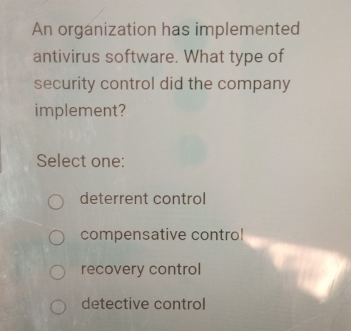 Solved: An organization has implemented antivirus software. What type ...
